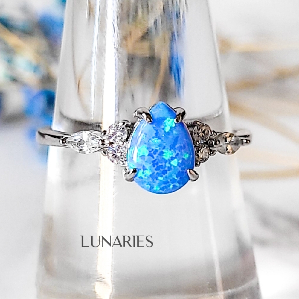 925 Sterling Silver Dainty Blue Fire Opal Ring, Promise with CZ